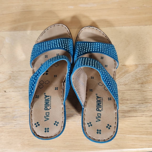 Via Pinky Rhinestone Slides Wedge Sandals Blue Sparkle Summer Shoes - Picture 6 of 7